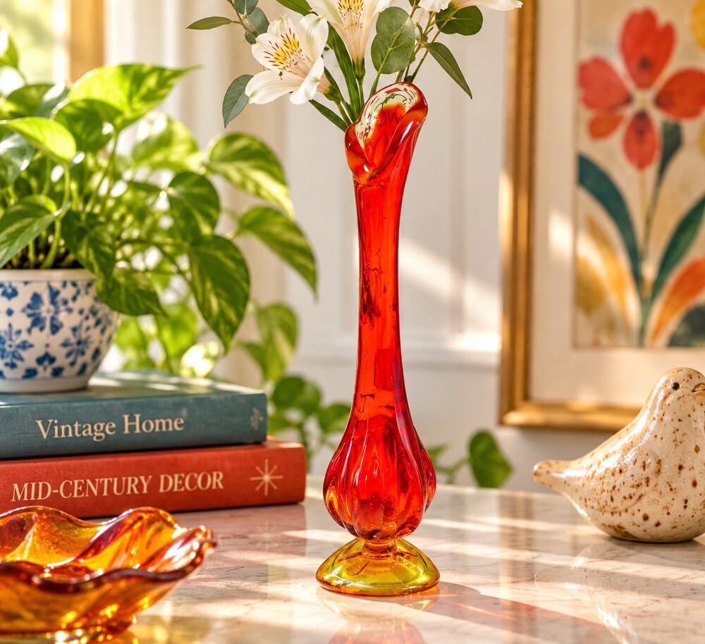 Vintage 1960s Viking Hand Made Art Glass Bud Vase, Red Orange & Amber Yellow
